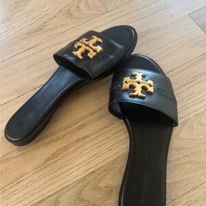 Tory Burch Black Sandals with Gold Emblem